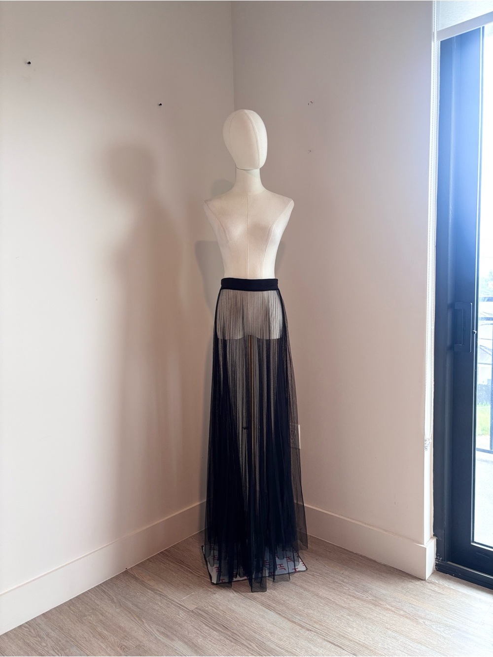 KTOO Black Sheer Mesh Pleated Maxi Skirt Tulle Overlay Festival Y2K Size L